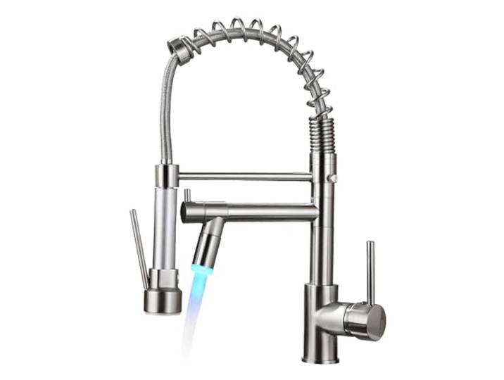 AIMADI LED Wasserhahn Küche Küchenarmatur mit Zwei Auslauf 360° Schwenkbar mit Spiralfeder Herunterziehen Brause Armatur Küche Hochdruck Mischbatterie Küche Spültischarmatur Gebürsteter Nickel