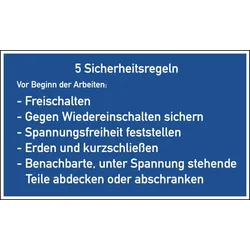 Aushang, 5 Sicherheitsregeln - deutsch - 200x120x1.5 mm Kunststoff