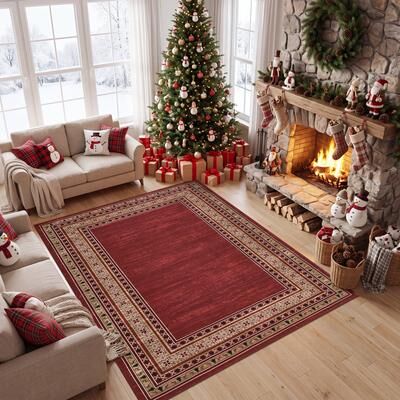 Garvee Christmas Border Washable Low Pile Area Rug
