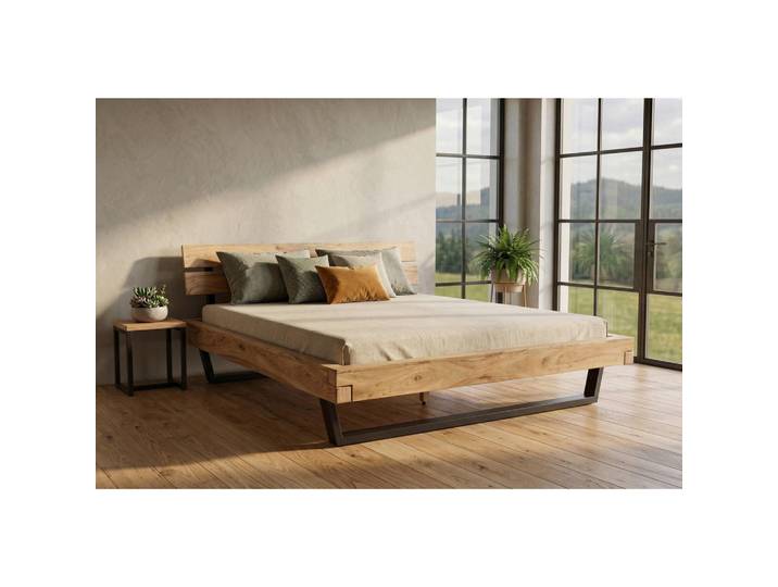 Mid.you Balkenbett, Naturfarben, Schwarz, Holz, Metall, Akazie, Hartholz, Holz, 180x200 cm, Kingsize, sichtbare Massivholzteile, Schlafzimmer, Bett, Holzbetten