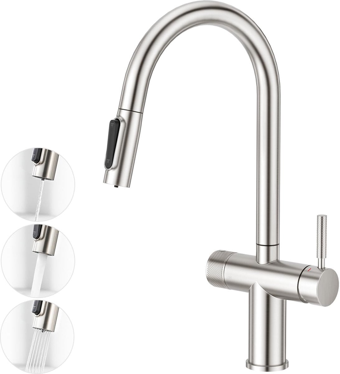 3-weg keukenkraan met uittrekbare handdouche en dubbele hendel voor drinkwaterfilter, geborsteld RVS, zilver
