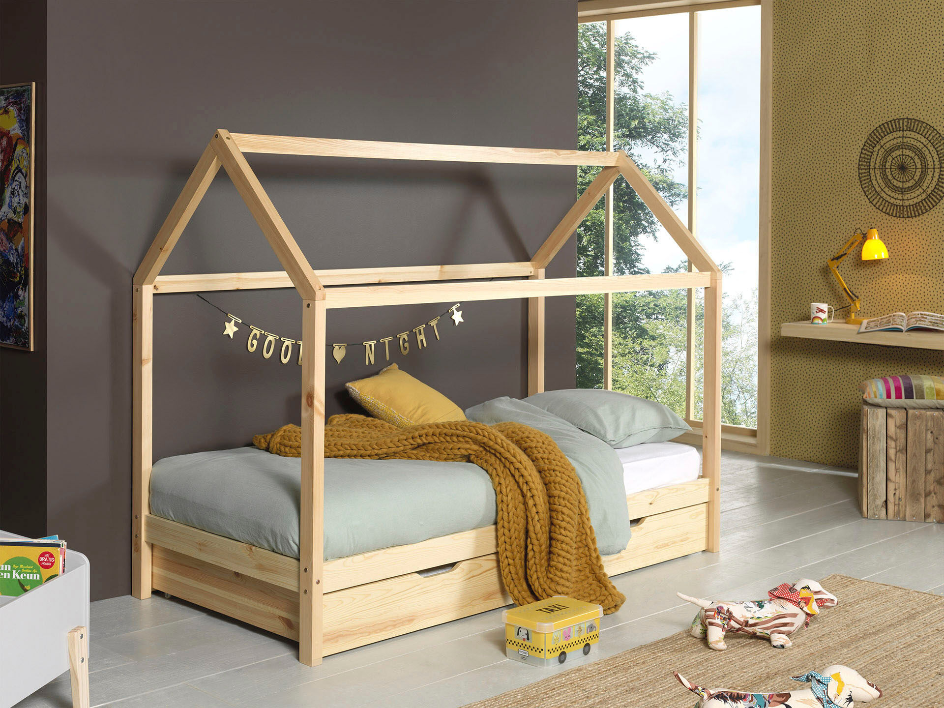 Hausbett VIPACK "Dallas, Hausbett Kiefer massiv, stabil gebaut, mit Rolllattenrost", beige (natur), B:98cm H:158,5cm L:208cm, Boden Bettschublade Hartfaser, Betten, Hausbett, wahlweise mit oder ohne Bettschublade, 2 Farben zur Wahl natur Liegefläche Länge