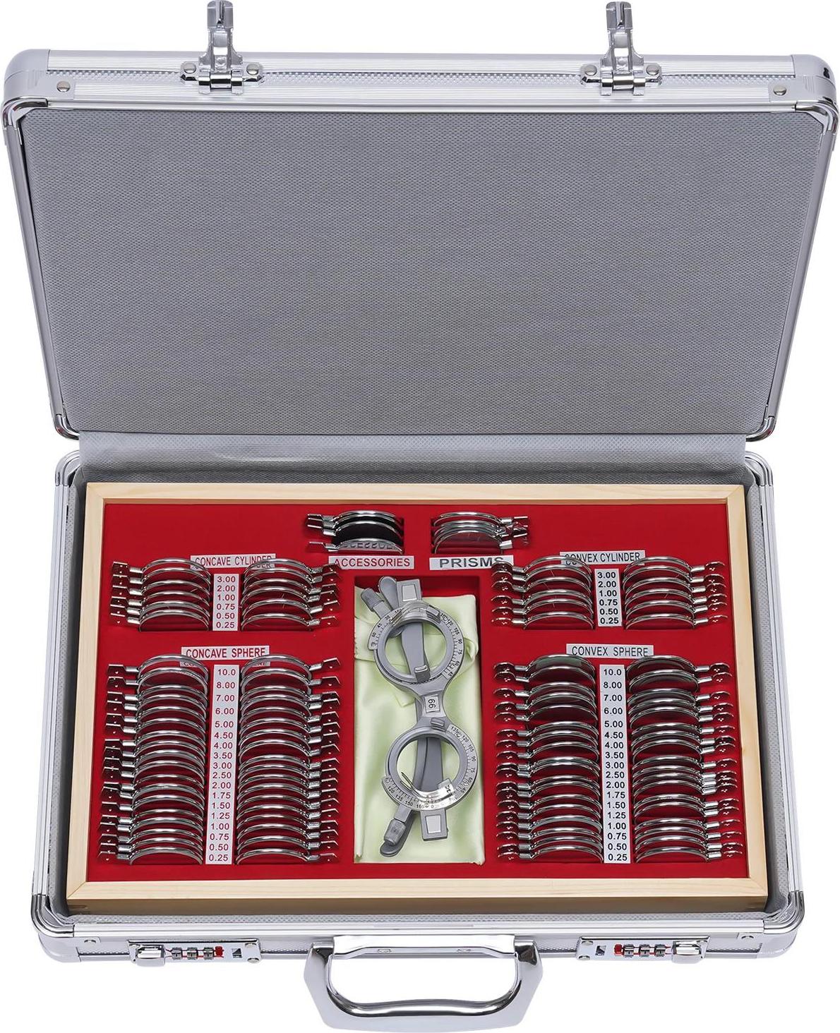 Probiergläser-Set Optometrie - Professionelles Refraktionskit - 104-teilig - Metall und Glas - Rechteckiger Koffer 38×27×6 cm - Mit Sehtafel
