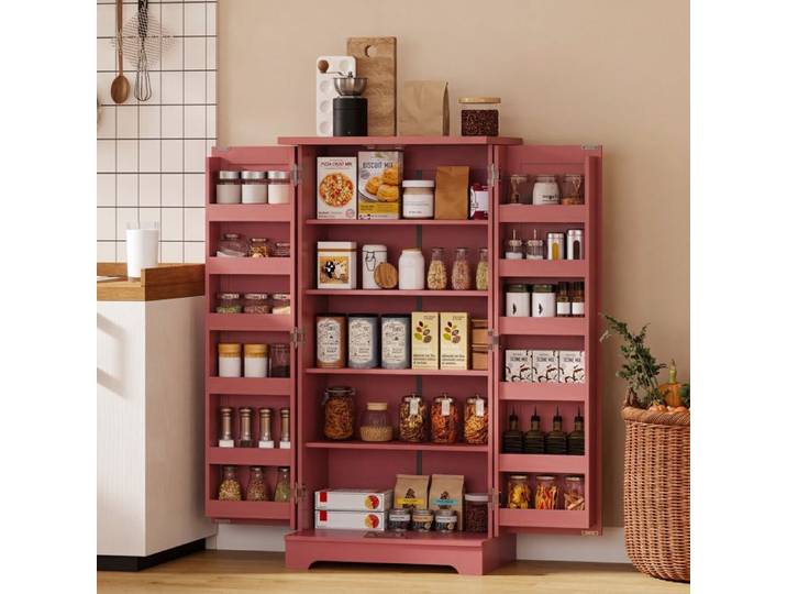 Buffet de cuisine - Buffet 5 niveaux - Étagères réglables - Système anti-basculement - Aspect bois rouge