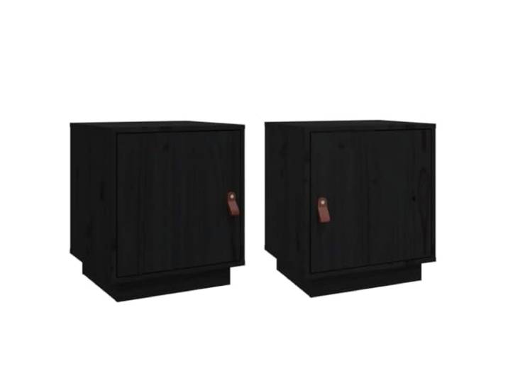 KDVXBCQJH Nachttisch 2er Set Schwarz 40x34x45 cm Kiefer Massivholz Beidseitig montierbare Tür mit Kunstledergriff und 2 Fächer schaffen Ordnung im Schlafzimmer.