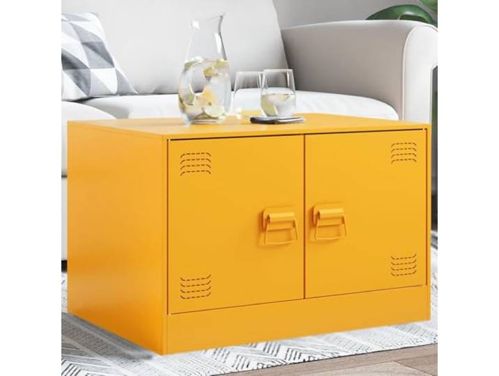 HEFZGDB Couchtisch Senfgelb 67x50x44 cm Stahlgestell mit Stauraum und Griffen, Robuster Wohnzimmertisch, Kaltgewalzter Stahl, Moderner Beistelltisch mit Praktischem Design für Bücher