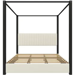 OKWISH Polsterbett mit Himmelbettgestell, Samt, Beige/Schwarz, 180x200 cm, gepolstertes Kopfteil, Metallrahmen