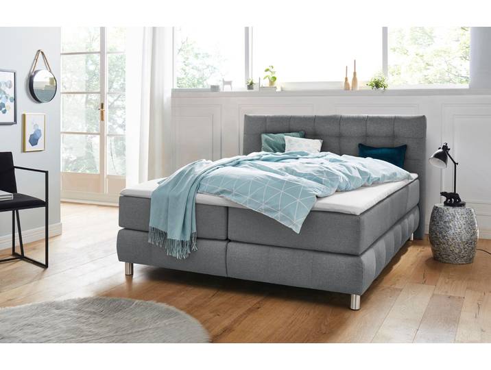 Boxspringbett, Struktur, Grau, 174×231 cm, 7-Zonen-Kaltschaummatratze, Skandinavisch, andas