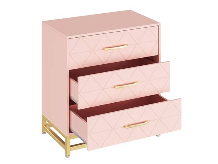 IDEALHOUSE Moderne Schubladenkommode für Schlafzimmer - 3 breite Schubladen, robuste MDF-Konstruktion, Metallgriffe in Gold, viel Stauraum, auch als Nachttisch - Rosa