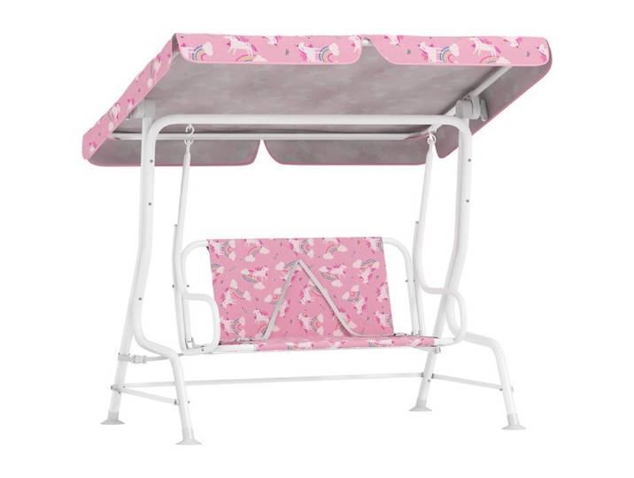 Balançoire de Jardin pour Enfants 2 Places avec Toit Réglable Ceintures de Sécurité et Motif Licorne Arc-en-ciel Rose