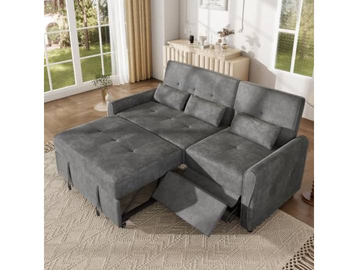 Merax Schlafsofa 3-Sitzer mit Schlaffunktion, 3-in-1 Ausziehsofa mit Verstellbarer Rückenlehne und Fußstütze, Schlafcouch aus Chenille-Stoff inkl. Kissen, 176x148x83 cm, Grau