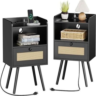 No Nightstands Set of 2 with PE Rattan Drawers