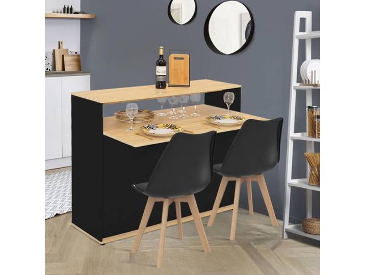 IDMARKET Meuble de bar extensible en table à manger 2 personnes VITO noir et plateau bois
