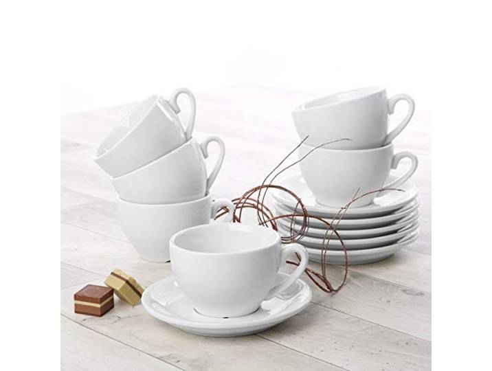 Holst Porzellan CL 004 SET 12 Porzellan Cappuccinotasse Classico 0.20 l mit Untertasse 12-tlg. für 6 Peronen, Weiß