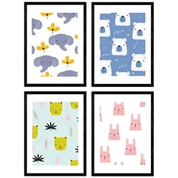POSTER Set mit 4 Tiere bebe A4 Schwarzer Rahmen