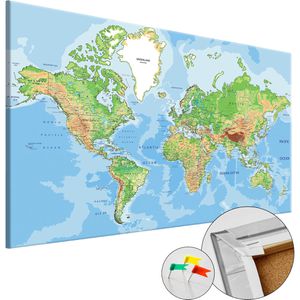 Artgeist Weltkarte World Geography, Englisch, mit Holzrahmen, Pinnwand aus Kork & Leinwanddruck, physische Karte, 90 x 60cm