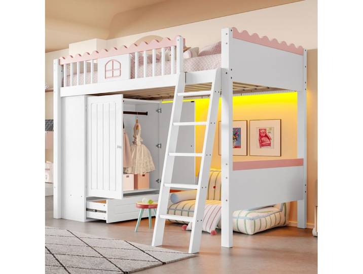 Lit Mezzo Enfant 90x200cm Blanc - LED Placard + Tiroir EN747 Pin