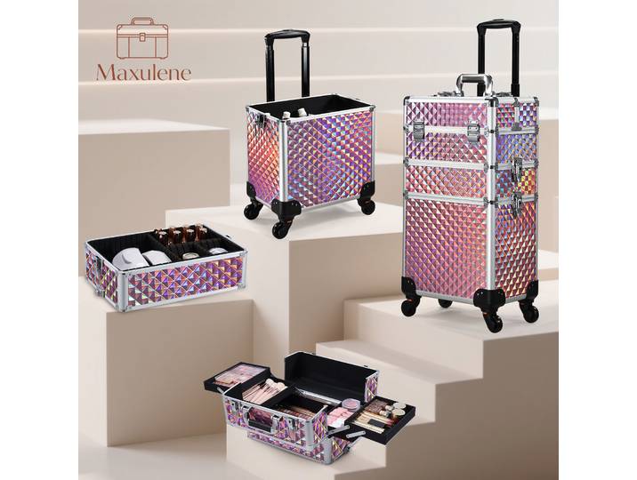 Valise de maquillage roulante 3-en-1 professionnelle avec roulettes, grande capacité de rangement, idéale pour salon et voyage