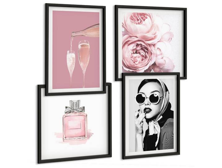 BILDER SET 4er Set - 50x50 cm & 40x60 cm Schwarzer Rahmen - Stilvolle pinkfarbene Accessoires