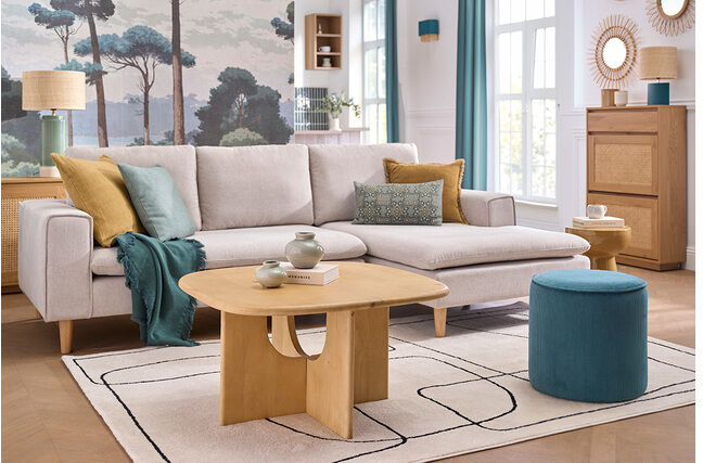 Miliboo Niedriger Design-Couchtisch aus hellem Mangoholz, massiv, L80 cm MASSARI
