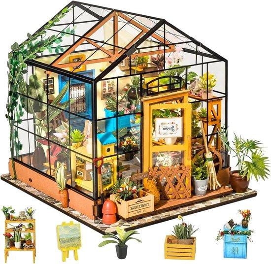 Rolife Miniatuur Poppenhuis Houten Kas met LED Verlichting 1:24 Schaal Bloemenhuis