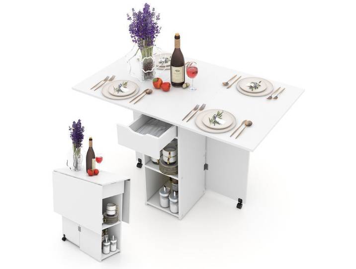 Table d'Appoint Pliante COSTWAY 2 Roulettes Console à Abattants Support de Rangement Tiroirs à 2 Niveaux 120x72x75CM Blanc