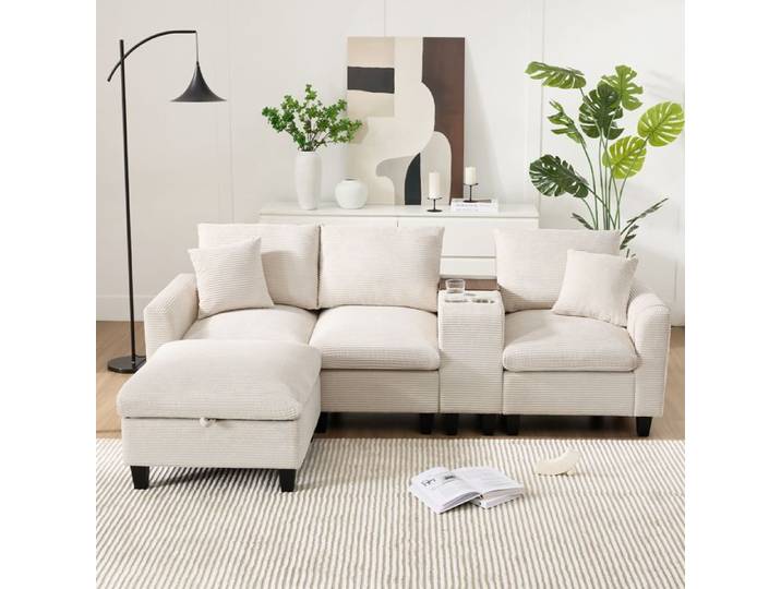 Canapé d'angle en L avec console centrale et repose-pieds FloraGrace