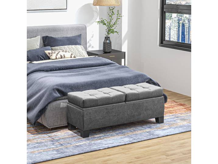 HOMCOM Banc Coffre Rangement Tissu Capitonné 116x41x47cm Gris