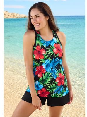 Plus Size Women's Longer-Length High-Neck Racerback Tankini Top by Swim 365 in Indigo Multi (Size 24)