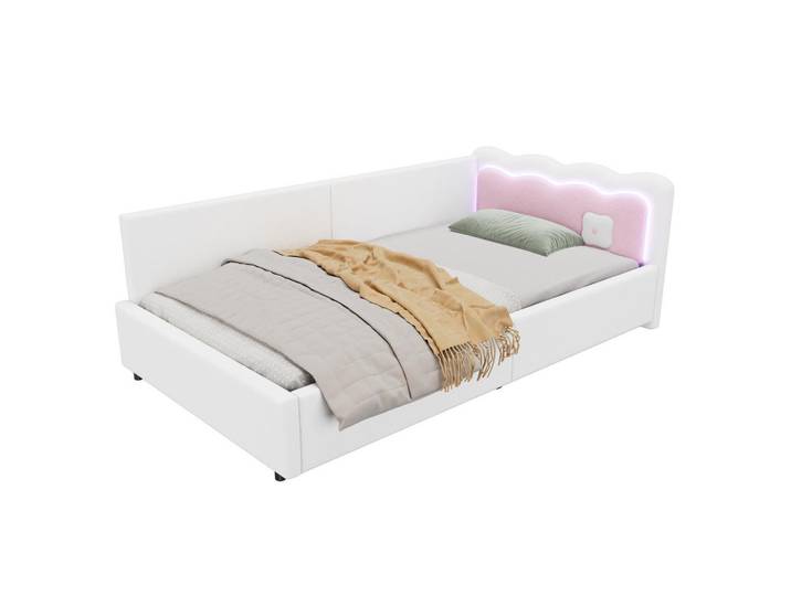Redom Tagesbett 90/200 cm mit LED-Beleuchtung, Lattenrost, Vliesimitat und Colour-Blocking-Kopfteil, Weiß, 90x200 cm, Schlafzimmer, Betten