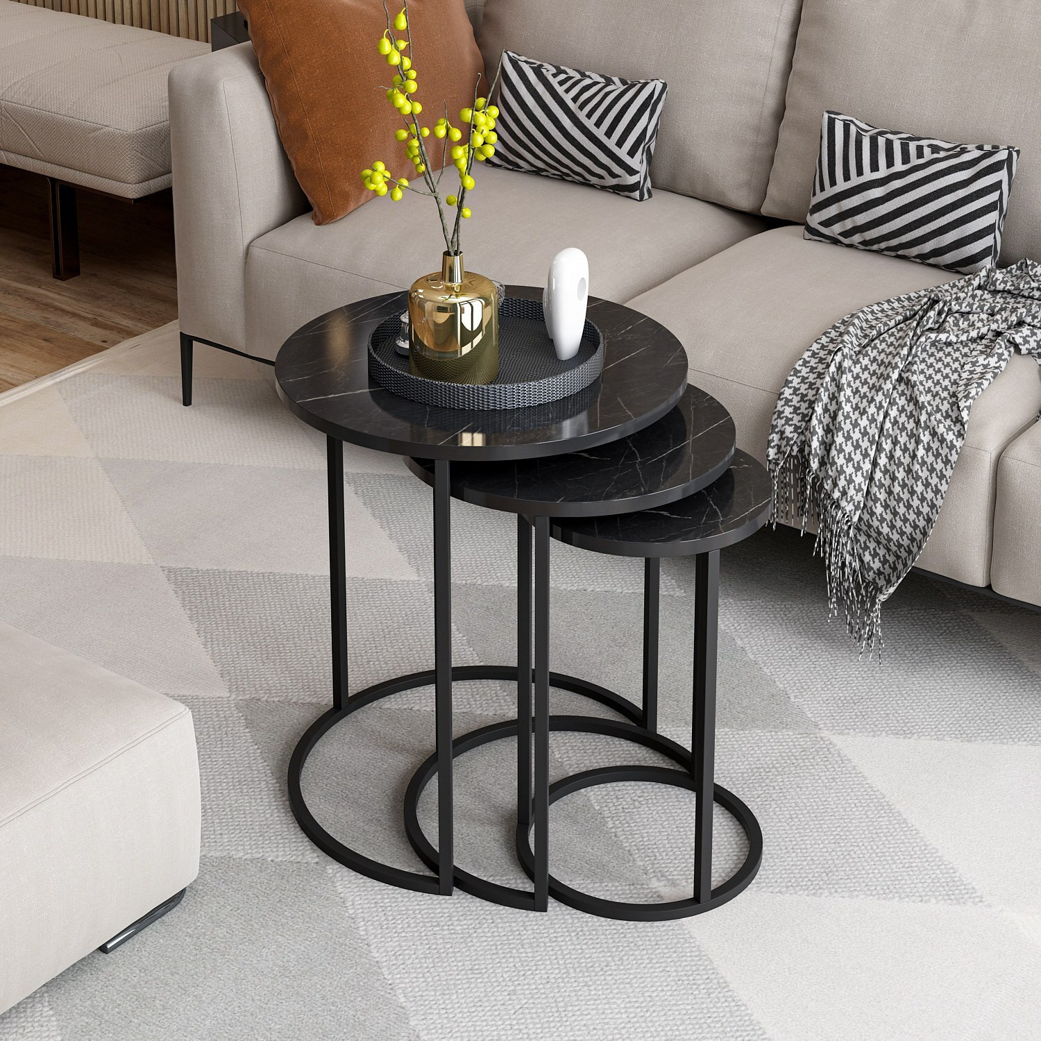 Skye Decor Gloria Salontafelset, 3 stuks, Zwart, B/D/H: 50 x 50 x 58 cm