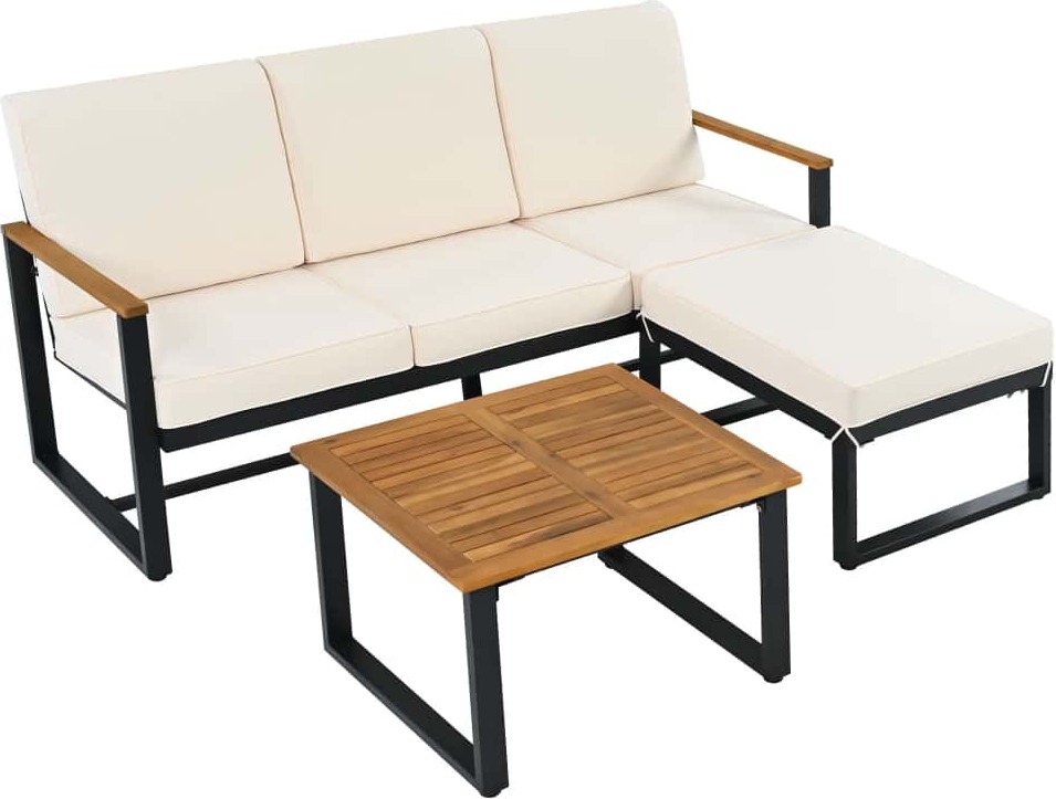 AIORBER Gartenmöbel-Set, Eckgarnitur, Sofa + Couchtisch + Fußhocker, verzinktes Stahlrohr,Tischplatte aus Akazienholz, für Gärten, Schwimmbäder, Beige