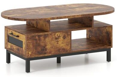 Costway 47 Inch Oval Coffee Table with Storage and Open Compartments for Living Room-Rustic Brown