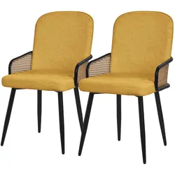 ML-Design Esszimmerstühle 2er Set Senf, Stoff, Rattan-Optik Armlehnen, gepolstert, Metallbeine, ergonomische Küchen- & Esszimmerstühle