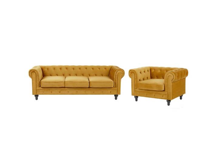 SOFA-SET 4-sitzer Samtstoff Gelb Chesterfield