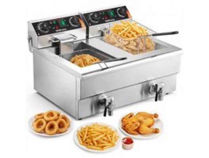 VEVOR Kommerzielle Fritteuse 2 x 8 L, Elektrische 3 kW Tischfritteuse mit Doppeltank & Korb, Doppel-Ölfritteuse aus Edelstahl, Zeit- und Temperaturregelung, für Küche Restaurants