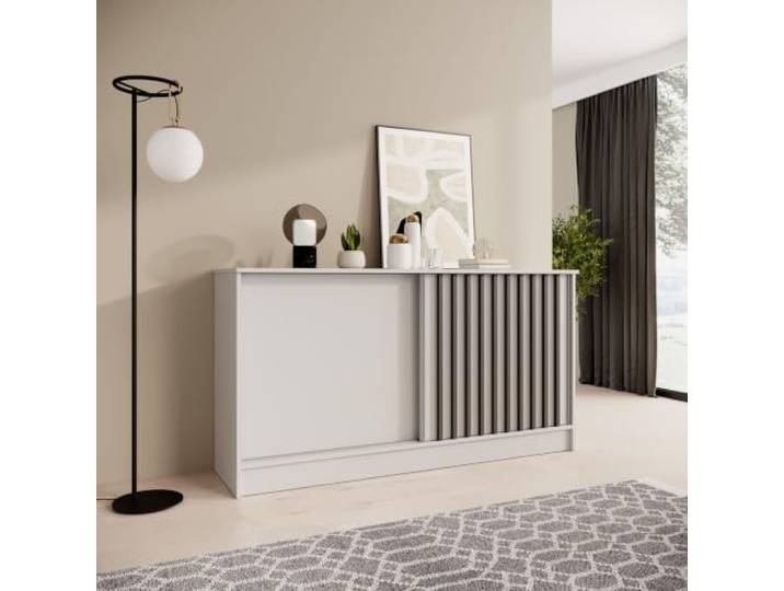 BEAUTY SOFA Kommode mit 2 Schiebetüren Horizon, in 100 cm, 120 cm oder 160 cm, dekorativen Lamellen (Weiß + schwarz, 161, Zentimeter)