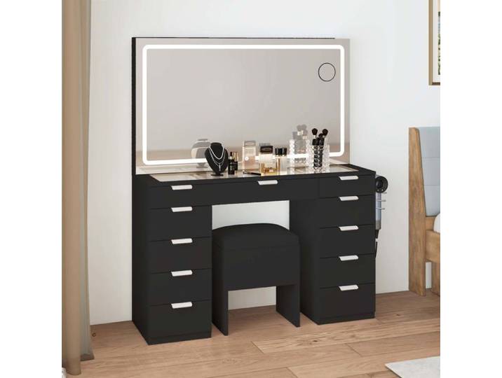 BALCONERA Coiffeuse avec Miroirs- avec éclairage LED-11 Tiroirs-3 Couleur réglable-Noir-114L*40P*139 H