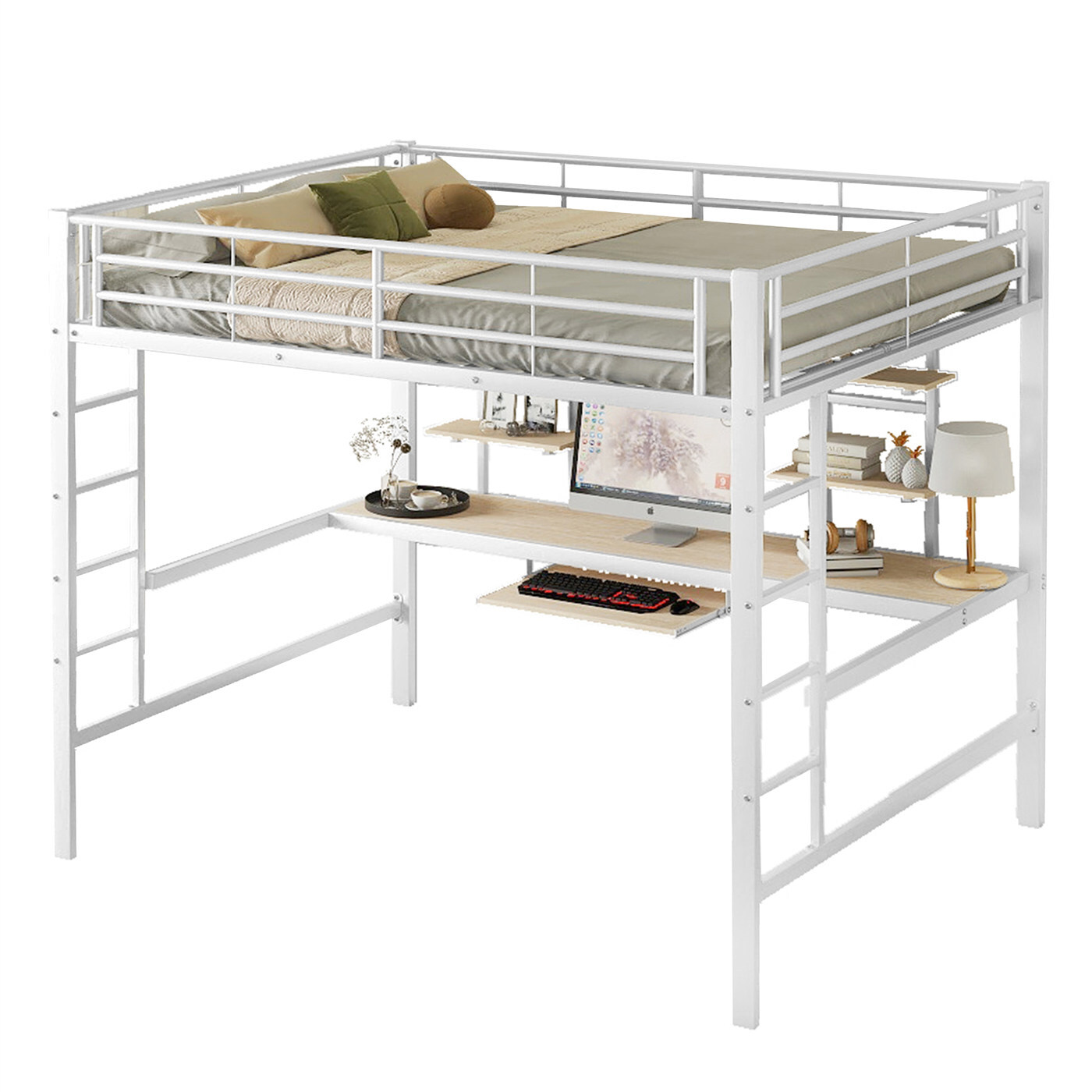 Hochbett(140*200cm,Weiß)Bettgestell Metallbett,Eisenbett,Hochbett mit Schreibtisch und zwei Bücherregalen für Kinder,Jugendliche und Erwachsene