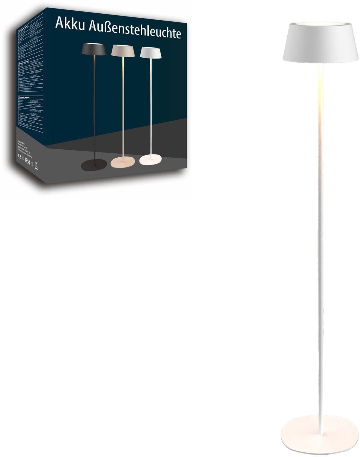 Northpoint Accu LED-vloerlamp, draadloze metalen staande lamp voor binnen en buiten, dimbaar, warm wit licht, wit