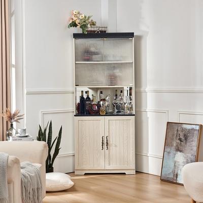 Tall Free Standing Corner Storage Cabinet, 5 Tiers Wine Cabinet With Tempered Glass Doors