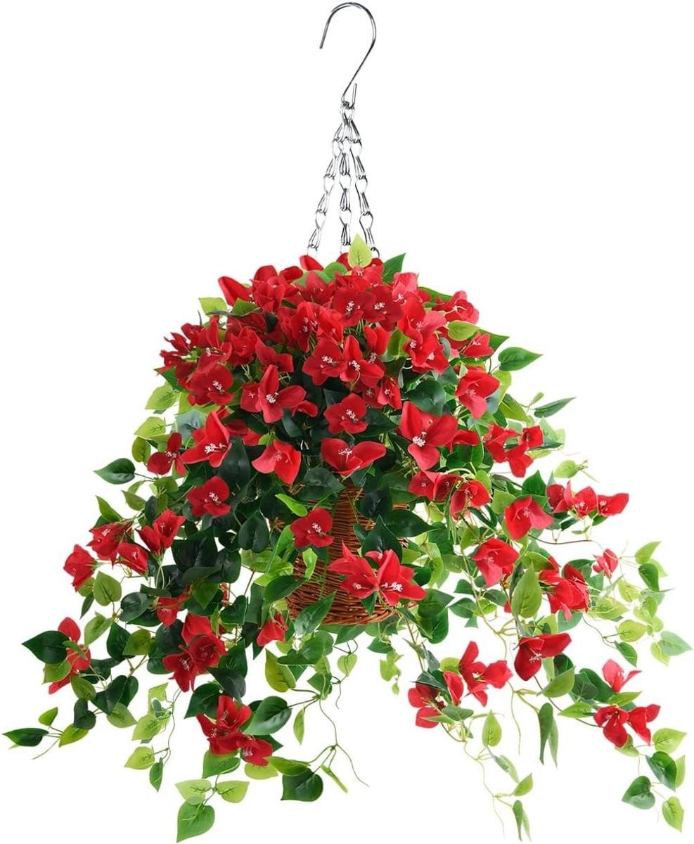 Hangende Kunstplanten Mand met Rode Bloemen - UV-bestendige Buitendecoratie - Hoogte: 96,5 cm