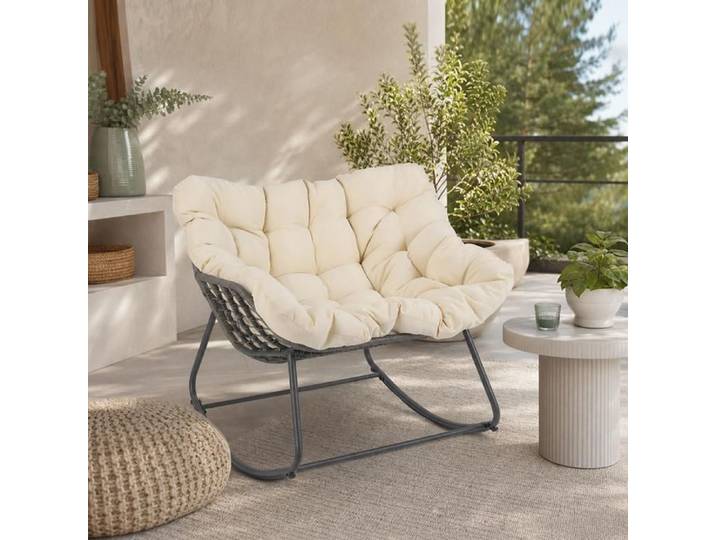 Fauteuil berçant - PAGE LIVING - Fauteuil œuf à bascule - Coussin épais amovible - Rotin PE tressé - Cadre métal 150 kg