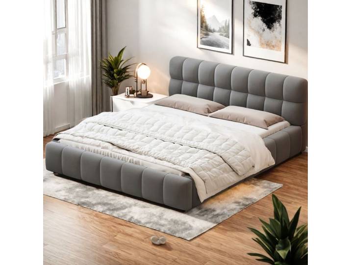 Lit double rembourré 140x200 cm - lit adulte avec tête de lit rembourré - lin - gris