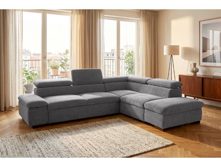 Ecksofa, Luxus-Microfaser, Grau, 272×226 cm, Mit Bettfunktion & Kopfteilverstellung, Klassisch, Home-affaire