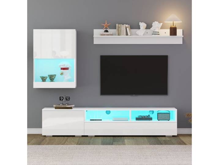 Ensemble meuble TV mural 3 pièces blanc brillant avec LED meuble TV vitrine murale et étagère murale