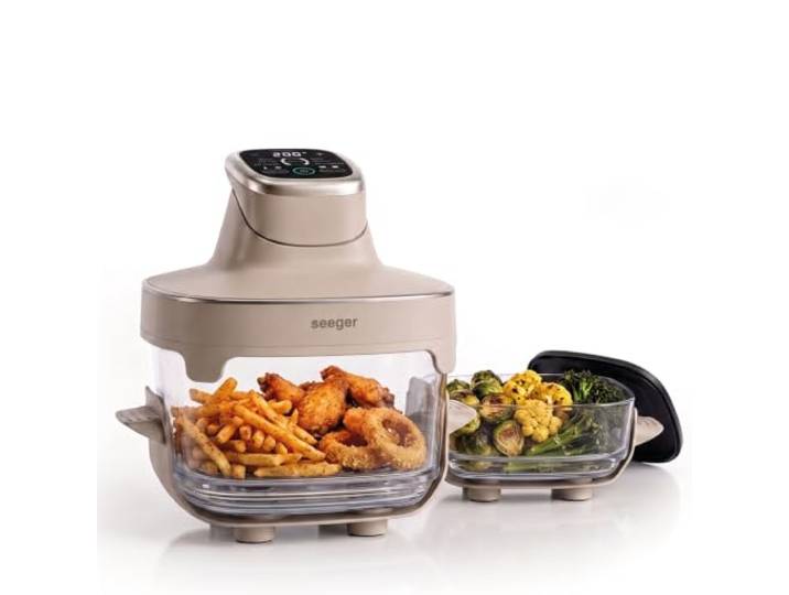 Seeger ClearFry Airfryer Glas, Heißluftfritteuse ohne Beschichtung, Beige PFAS-frei, 2 Glasschalen 2,5 L und 4,5 L mit Deckel, Rundumsicht, 6 Programme, 60-200 °C, kein Vorheizen, spülmaschinenfest