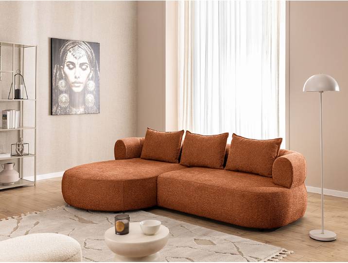 Ecksofa mit Longchair Kupfer Chenille Tomris 256 x 76 x 156cm Longchair davorstehend links Glamour
