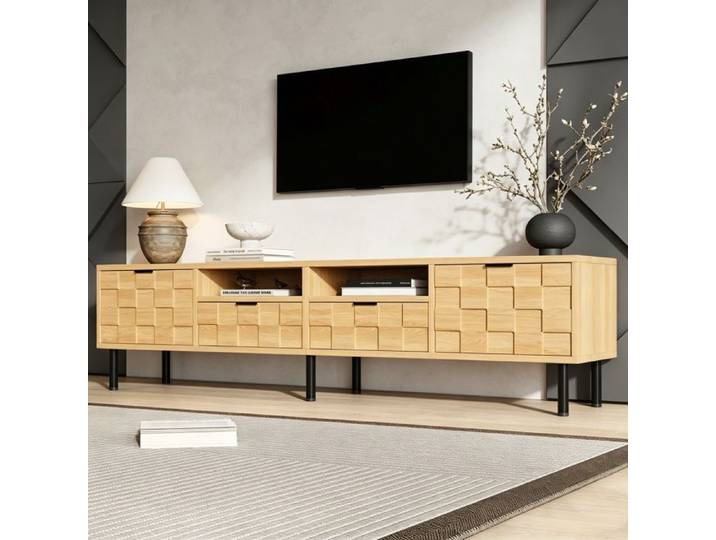 Luscriate - Meuble TV 200x35x44 5 cm avec 2 tiroirs 2 portes décor 3D – pour écrans 80  - bois naturel