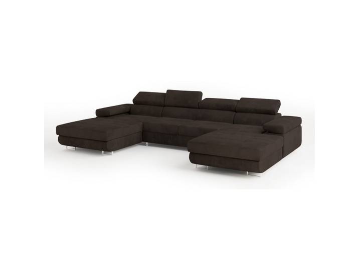 WOHNLANDSCHAFT LYKKE Braun Velours-Stoff mit Schlaffunktion